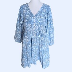 Madewell Blue White Block Print V Neck Button Front Midi Dress Size M